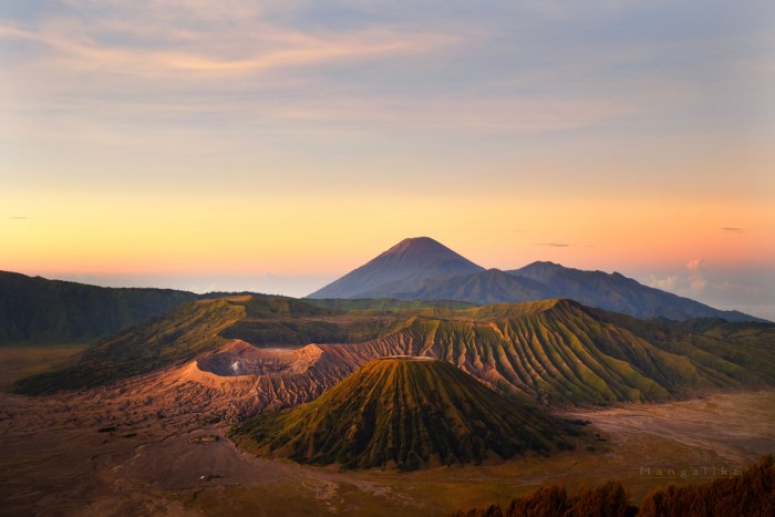 Bromo Tengger volcanic caldera, East Java The caldera of an ancient volcano (Tengger) from which four new volcanic cones have emerged. This area contains the highest peak of Java, Mount Semeru (3,676 m) which is visible in background