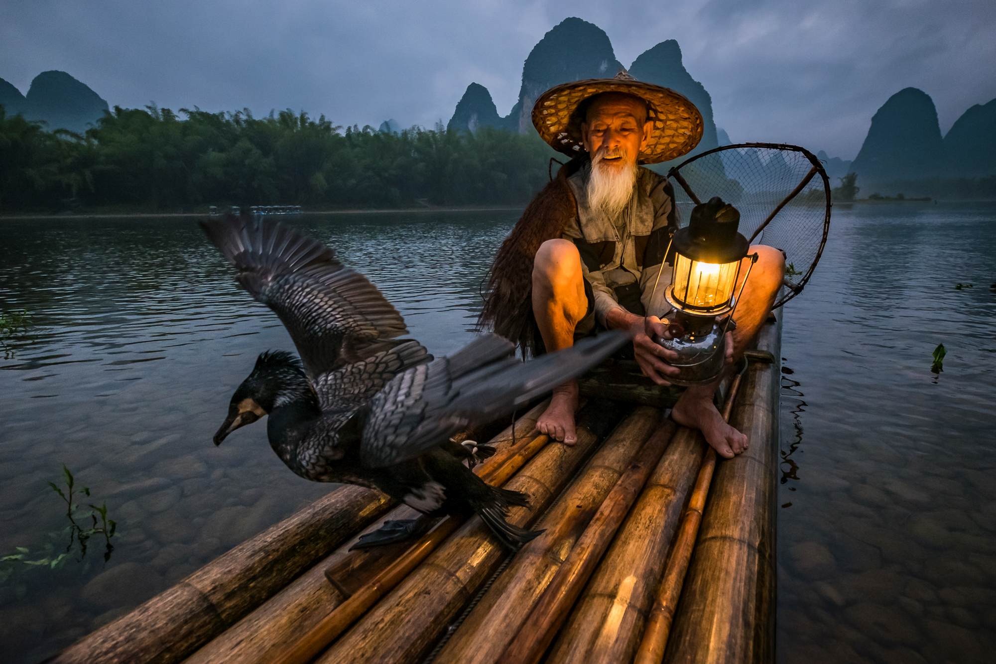 Cormorant fishing is a traditional fishing method in which fishermen use trained cormorants to fish in rivers. An aged fisherman along with his pet bird is seen as he sits for a.break near the shore of Li river.